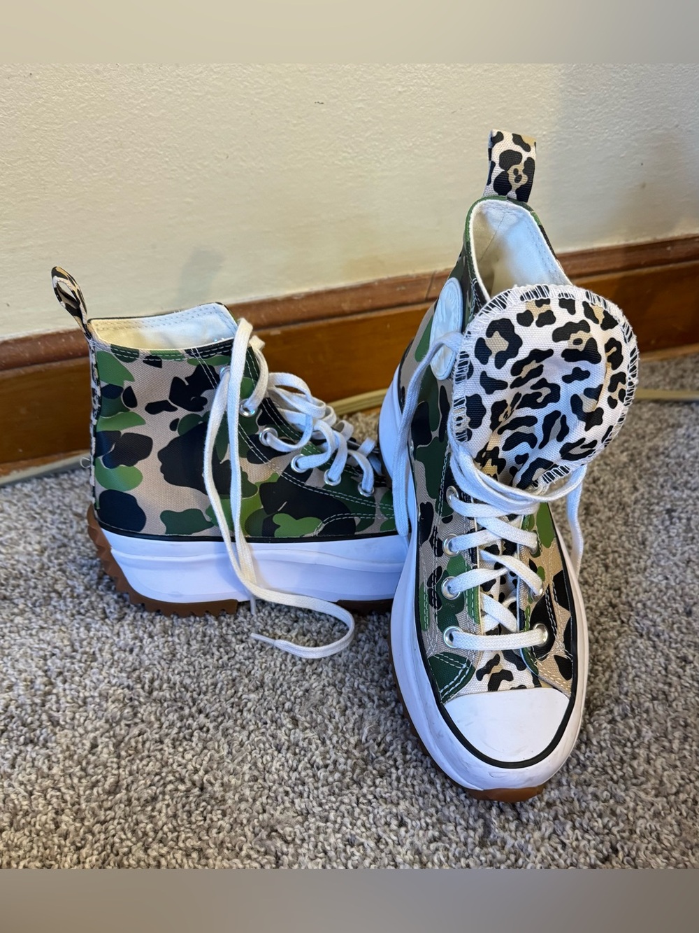 Converse Kids/Womens High-Top Camo and Leopard Print Sneakers -Green/Black/White